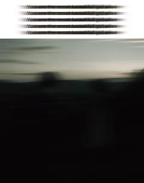 The image shows a blurred landscape at the bottom with a gradient sky. Overlaid on top, there are multiple lines of text that emphasize a compliment to a girl.