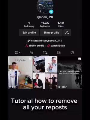 The cover image of a TikTok video is a screenshot of a TikTok profile. It features a round profile picture in the top center. Below the profile image is the username "@nomi_.20" followed by statistics. The profile appears to be displayed on a solid black background, and below the statistics, there are several video thumbnails. The bottom of the image contains text overlayed on the image that reads "Tutorial how to remove all your reposts."