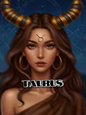 A digital art portrait of a woman with long, brown hair and golden horns, framed against a dark blue celestial background. The woman has fair skin, blue eyes, and wears gold hoop earrings. A gold zodiac symbol is on her forehead.