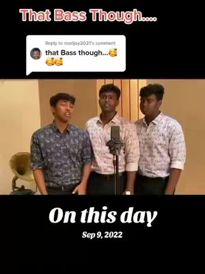 The image shows a vertical composition of three young men in a recording studio. Above their head is a comment bubble from marijoy2021's comment saying: that Bass though... with a couple of the yellow smiley face emojis. Below them is a black bar with the text: On this day, and underneath that is, Sep 9, 2022.