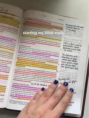 A person's hand with blue nail polish is touching an open Bible with highlighting and handwritten notes on a white surface. The text 'starting my Bible study' is imposed as an overlay on the image.