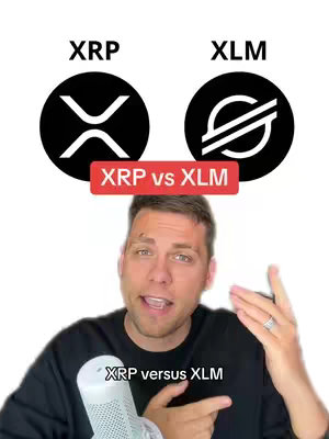 The cover image is composed of a white background with two black circles with different symbols within them, labeled "XRP" and "XLM" in black text above each respective symbol. Below the circles is a red rectangular bar with the text "XRP vs XLM" in white text which sits over the top of a man with short hair and a black shirt. The man is looking directly at the camera pointing at the crypto symbols with a microphone at the bottom of the image.