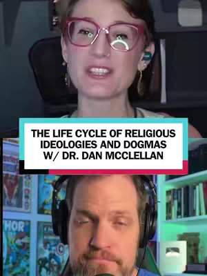 A split-screen composition featuring two individuals. The top half shows a woman with red-framed glasses, smiling and looking directly at the viewer. A banner with text is overlaid. The bottom half reveals a man wearing headphones, also looking directly at the camera. The background includes bookshelves and what appears to be comic book art.