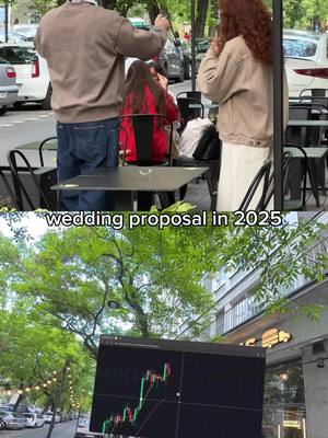 The image is split into two main sections. The top half shows a street scene with people at outdoor tables, likely a cafe, where a wedding proposal appears to be taking place. The bottom half offers an alternate view of a city street lined with trees and buildings, with a large screen showing a financial chart.