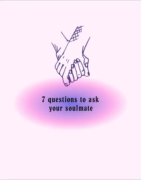 The cover image features a light pink background with an outline drawing of two hands clasped together at the wrist, representing connection. Below the hands is a soft, oval-shaped gradient in shades of pink and purple where the text is placed. The text overlay reads '7 questions to ask your soulmate'.
