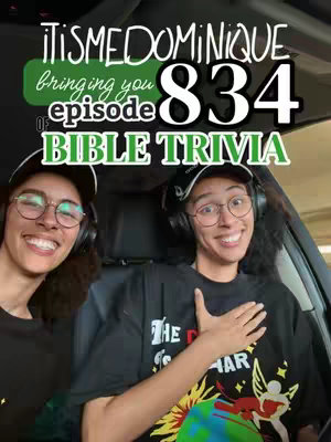 An image of two women, likely the same person, in a car setting. They are smiling and wearing glasses, headphones, and baseball caps. Text overlays include the name 'ITSMEDOMINIQUE', the phrase 'bringing you', 'episode of', and 'BIBLE TRIVIA', along with the number '834'. The composition is vertically formatted, suggesting a mobile-friendly presentation.