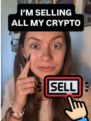 A woman with wide eyes and a surprised expression is the central focus, with text overlayed, indicating a sale of crypto. In the background, there's a cluttered room with shelves and items, and an overlay of a 'SELL' button is on the bottom right corner.