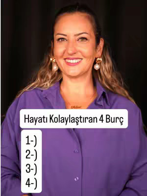 A woman with long blonde hair, wearing a purple button-down shirt and large pearl earrings smiles at the viewer. In front of her is a white rectangle with the text "Hayatı Kolaylaştıran 4 Burç". Underneath the text are numbered entries, 1 through 4, for what will be the four zodiac signs. The background is dark.
