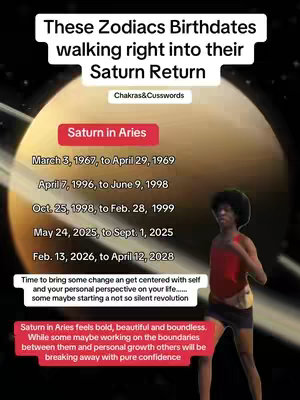 The image is a vertical graphic. At the top is text that reads, 'These Zodiacs Birthdates walking right into their Saturn Return.' Below this is the text 'Chakras&Cusswords.' The bulk of the image features an illustration of Saturn.  To the right is a person in a red tank top and shorts. Below Saturn, text lists Saturn in Aries and associated birthdates. Further down is a red rectangle containing text regarding Saturn in Aries.
