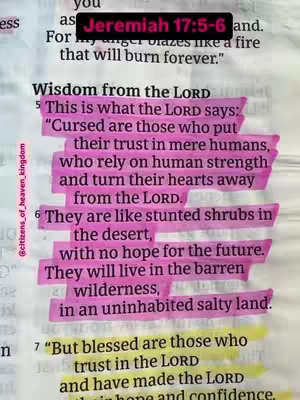 The image is a close-up shot of an open Bible page with highlighted text. The text is overlaid with pink and yellow rectangular highlights. The top of the image has a black rectangle with white text stating 'Jeremiah 17:5-6'. The background of the image has faint, almost watermark like text.