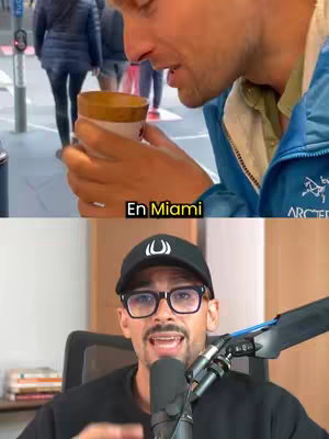 The cover image is split into two sections. The top half shows a man holding a coffee cup and sipping from it, with the text "En Miami" overlayed. The bottom half features a man speaking into a microphone, with a cap and glasses.