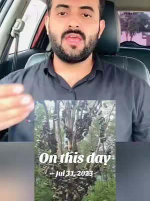 A man with a beard is seated in a car, likely filming, with a superimposed image of a tree covered in objects, possibly shoes. The words 'On this day' are displayed above the image with the date 'Jul 31, 2023' below it.