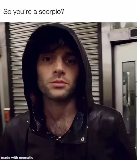 A person wearing a black hoodie with the hood up stands in front of a blurred background. Text is overlaid at the top, asking a question related to a zodiac sign.