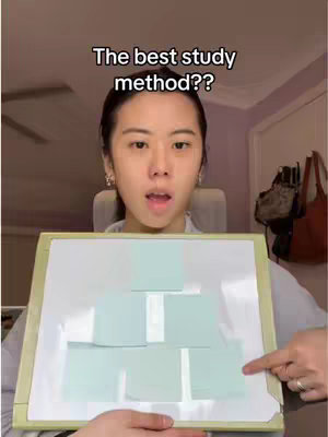 A woman holding a whiteboard with post-it notes in a pyramid arrangement. Text overlayed on image. The background shows visible objects, like a fan, a door, and a bag.
