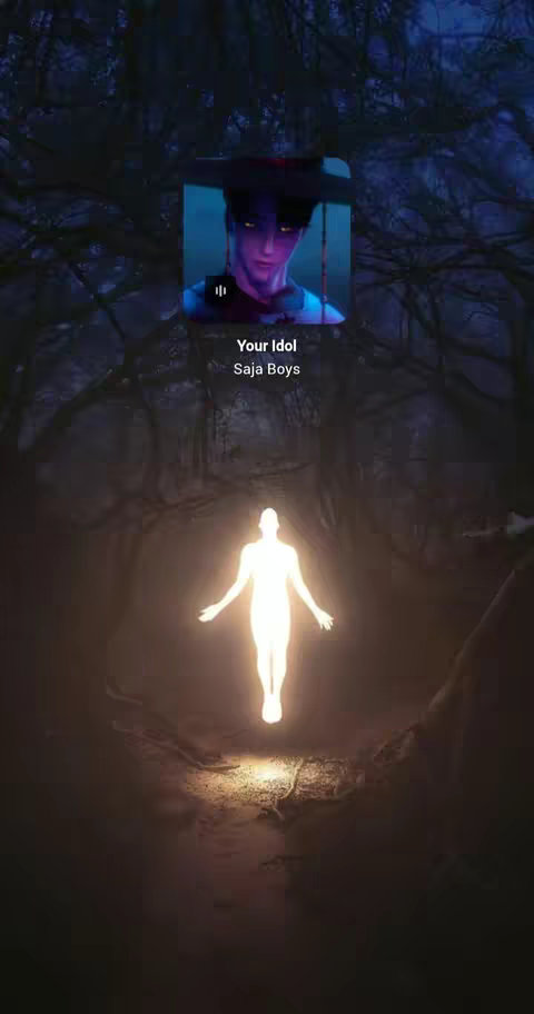 The cover image features a central, illuminated figure in a forest setting, with the superimposed image of a person in the top center. The background is a dense forest with dark, intertwined trees.