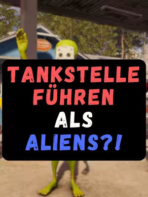 A green alien character, wearing a lime green helmet, is holding up a sign in front of a gas station backdrop. The sign, set against a black rectangle, has bold, colorful text. The scene has a slightly blurred, comedic vibe.