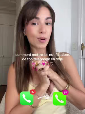 A woman with brown hair and bangs looks directly at the camera. Text in the background shows how to change the color of notifications on a phone. Two phone icons with notification badges are pictured in front of her.