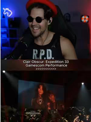 The image shows a man in a red beret and sunglasses, smiling and looking at the camera. Below him, there is a screen showing the game 'Clair Obscur: Expedition 33' gameplay.