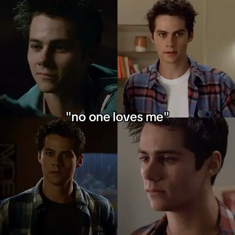 The cover image is a collage of four photos of Dylan O'Brien, likely from the show *Teen Wolf*. At the center is the phrase 'no one loves me' in a white font. The top left image shows a closeup of Dylan O'Brien looking off to the side with a soft, moody lighting. The top right photo shows him in a plaid shirt, looking towards the camera. The bottom left shows him in a shirt, with a building behind him. The bottom right image also frames him looking down, with a concerned and sad expression.