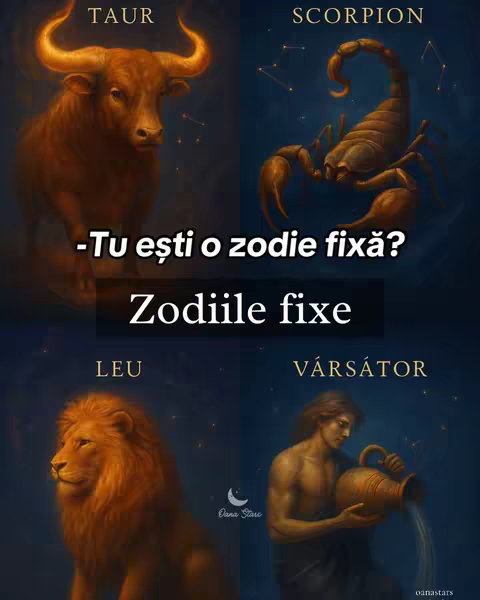 The cover image is a digital artwork depicting astrology. It has four quadrants, each showcasing a zodiac sign: Taurus (a bull), Scorpio (a scorpion), Leo (a lion), and Aquarius (a man with a water jug). Text overlays ask if the viewer is a fixed zodiac sign and lists the fixed signs.