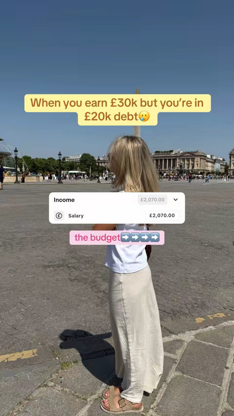 The cover image captures a woman standing outdoors in the sun, viewed from the back and side, with a blurred background. She's wearing a white top and a long, flowing tan skirt, paired with sandals. Overlay graphics show financial details, an income figure, and a budget indicator, implying content about personal finance or budgeting. Text overlays highlight a financial situation.