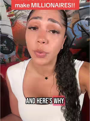 A woman with dark hair in a ponytail is centered, wearing a white top, looking at the camera. Text overlays say, "This Coin on XRPs ledger will make MILLIONAIRES!!" in a red bar at the top, and "AND HERE'S WHY" in a box at the bottom. The background is a mix of graffiti and other visual elements.