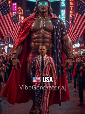 An AI-generated image featuring a towering figure of a man draped in a cape and partial clothing of the United States flag, standing behind a smaller figure, Obama, dressed in a matching suit. The backdrop suggests a city scene with lit signs. Below, overlaid text includes the US flag, the word USA, and a website address.