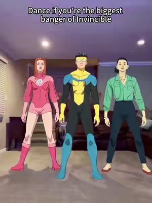 The cover image features three animated characters inspired by the animated series, Invincible. They are standing in a living room and are dressed to resemble the characters. Above them in white text is a hook.