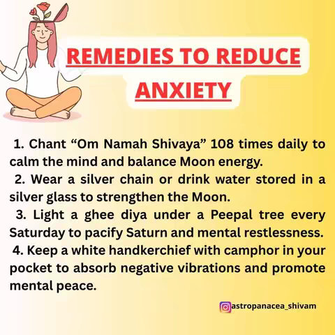 The image is a motivational infographic with a light yellow gradient background. The top section features a cartoon illustration of a person sitting in a meditative pose inside a thought bubble with a rose sprouting from their head. Below this are the bold red capitalized words REMEDIES TO REDUCE ANXIETY. The main part of the poster lists four remedies, numbered 1 through 4, each describing a practice or action to help reduce anxiety. The text is in a sans-serif font and the overall layout is clean and organized with a clear message. In the right corner of the image is the creator's account handle.