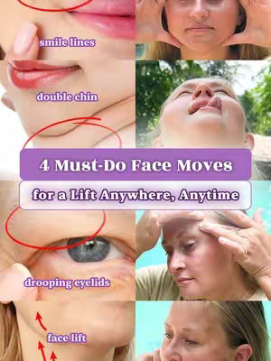 A multi-panel image showing different facial features and faces. The layout is a grid showcasing various close-ups of face parts with red circular annotations and overlaid text labels such as 'smile lines' and 'double chin'. At the center, there's a purple banner with white text. The different parts include mouths, eyes and general face shots. The overall effect is instructional.