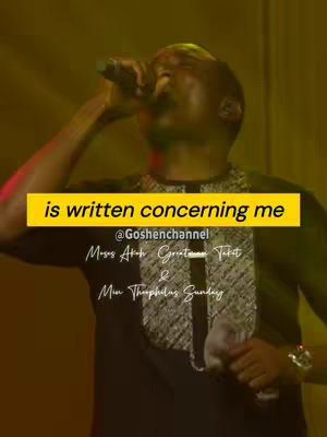 A man singing into a microphone on stage, with text overlayed on the image. The background is a yellow and black gradient.