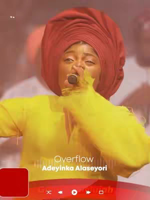 The cover image features a woman, Adeyinka Alaseyori, singing into a microphone. She wears a red headwrap and a yellow top. The background is blurred and appears to include other people. Text overlays include the song title, the artist, and a media player graphic.