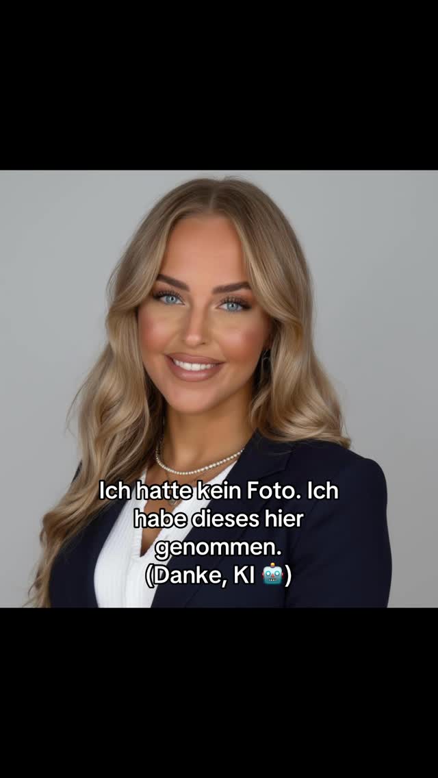 A headshot of a woman with blonde hair and blue eyes, smiling. She is wearing a navy blazer over a white top and a pearl necklace. Text at the bottom reads: "Ich hatte kein Foto. Ich habe dieses hier genommen. (Danke, KI)"