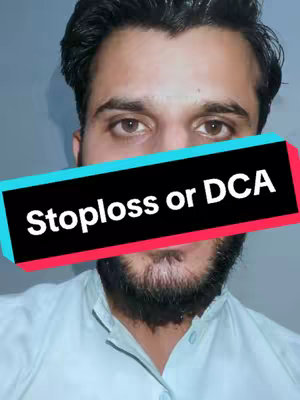A close-up shot of a man's face with a text overlay. The man has dark hair and a beard. A rectangular text overlay covers a portion of his face, with the words "Stoploss or DCA" in white bold font on a cyan and red background. The background appears to be a simple, solid color.