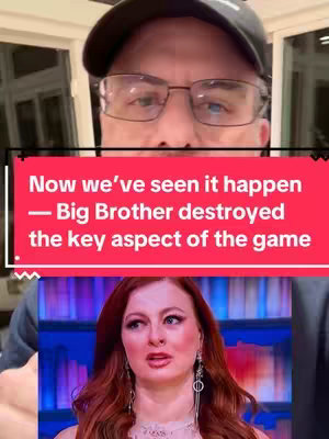 The cover image features a split scene with the male creator in the foreground, glasses and cap on, looking at the camera. Behind him, a red banner reading "Now we've seen it happen - Big Brother destroyed the key aspect of the game" in white font. Below the banner, a scene from Big Brother features a woman with red hair. The backdrop is blurred bookshelves. The color palette is cool, with the red of the banner contrasting against the blue-purple backdrop.