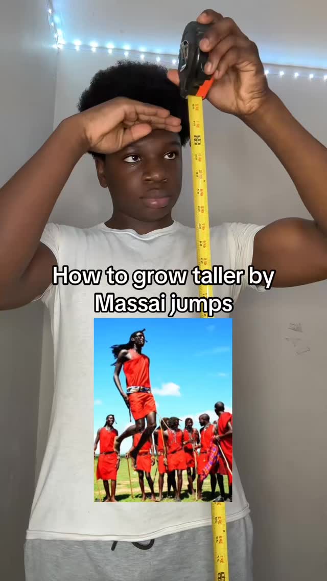 A young Black man holds a yellow measuring tape up to his head, with his arm and hand raised above, as if measuring height. The text overlay reads “How to grow taller by Massai jumps,” with an inset image below showing a group of Maasai people jumping.