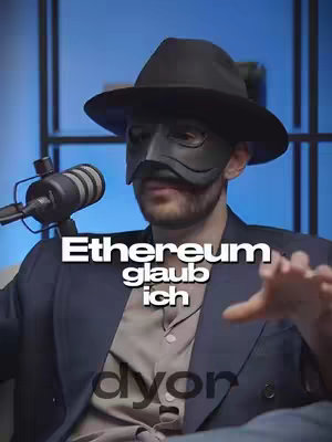 A man wearing a black fedora and a black mask, sitting in front of a microphone in a studio setting. Text overlayed on the image reads: "Ethereum glaub ich" and "dyor".