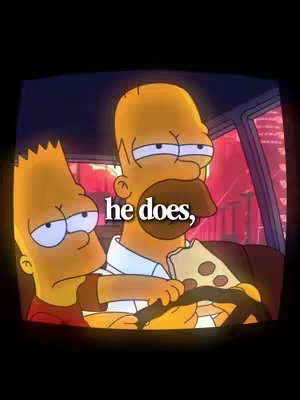 The cover image features a screenshot from The Simpsons, showing Homer Simpson driving with Bart in the passenger seat. A slice of pizza is in Homer's hand, and text overlayed says 'he does,'.