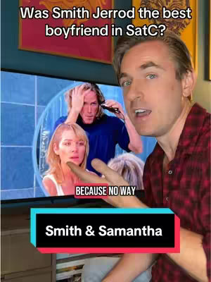 A man is in the foreground, speaking to the camera. Behind him, a TV screen shows a scene from the show Sex and the City. Text overlays on the screen and at the bottom of the image pose questions and statements.