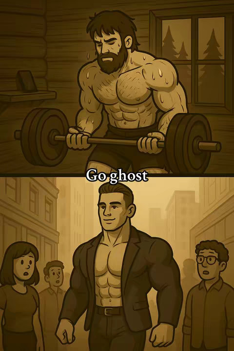 The cover image is a split panel cartoon in sepia tones. The top panel shows a muscular man lifting a barbell in a rustic, wooden room. He is sweaty and focused. The second panel shows the same man, now in a suit, walking confidently on a city street, with surprised onlookers.
