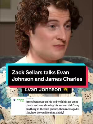 The image shows a man with curly brown hair, wearing a patterned sweater. Text overlays include a banner with the names "Zack Sellars", "Evan Johnson", and "James Charles", indicating a discussion about them. A smaller text box at the bottom shows a message regarding James Charles.