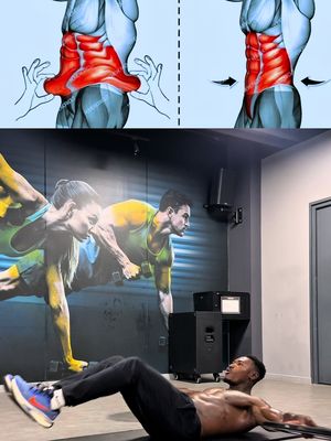 The cover image comprises three sections: the top displays anatomical illustrations of the abdominal muscles to showcase the targeted muscle group during exercise. The middle section showcases a vibrant, high-energy mural of people exercising, providing dynamic context. The creator is shown at the bottom doing core exercises.