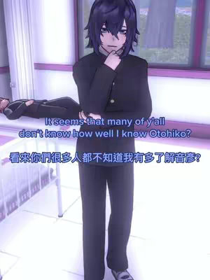 A full body shot from a video game. A male game character in a school uniform is in the foreground, the background focuses on a hospital bed. The face-in-frame is thoughtful, with both hands touching the chin and a furrowed brow. Two lines of text overlaid on top and bottom.