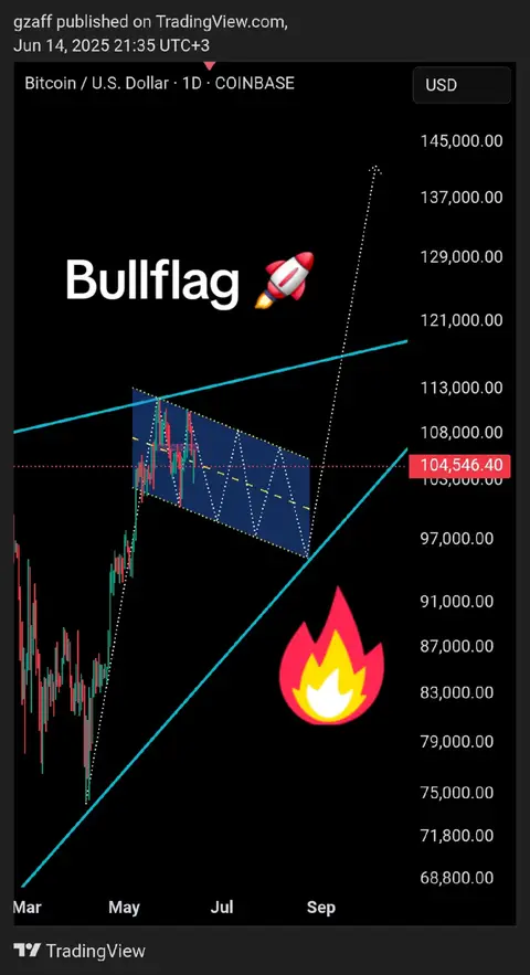 A chart showing Bitcoin's price movements over time, with a 'Bullflag' label, rocket and flame icons. The chart has price scales, dates, and data from TradingView.