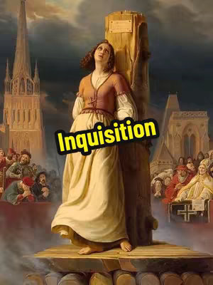 An antique painting depicting a woman tied to a stake, likely for execution. The woman looks up, with a look of acceptance or prayer. The background shows architectural elements, buildings and people in the background. The overall color palette is muted with a lot of earthy tones.