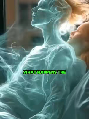 The cover image depicts an ethereal, digitally-rendered scene with two semi-transparent figures that appear to be light bluish. The foreground features a full-body shot of one figure, its form glowing slightly. The figure is light-skinned and has long hair. Behind the first figure, a second light-skinned figure, also with long hair, is partially visible, positioned to the right and behind of the lead figure. Overlaid in the lower central part of the image is text in a bright green rectangular box that reads 'WHAT HAPPENS THE'. The background is soft and blurred possibly showing a window and a city, and the light creates a softly lit atmosphere.