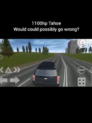 A screenshot from a video game with a black SUV driving on a road, seen from the driver's seat perspective. The road is flanked by green fields and trees. Overlay text at the top reads '1100hp Tahoe Would could possibly go wrong?'