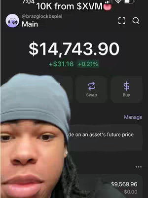 The cover image shows a close-up of a person's face, with a digital interface providing financial data in the background. The person, who appears to be male, is wearing a gray beanie. The digital interface displays a cryptocurrency investment screen, showing a balance of $14,743.90 and a 0.21% increase.