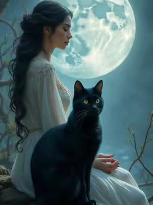 A digitally painted image features a woman and a black cat. The woman, with long dark hair, is seated, wearing a white dress. She has her head tilted and eyes closed. The cat is sitting in front of her. A bright full moon is in the background, partially covered with branches.