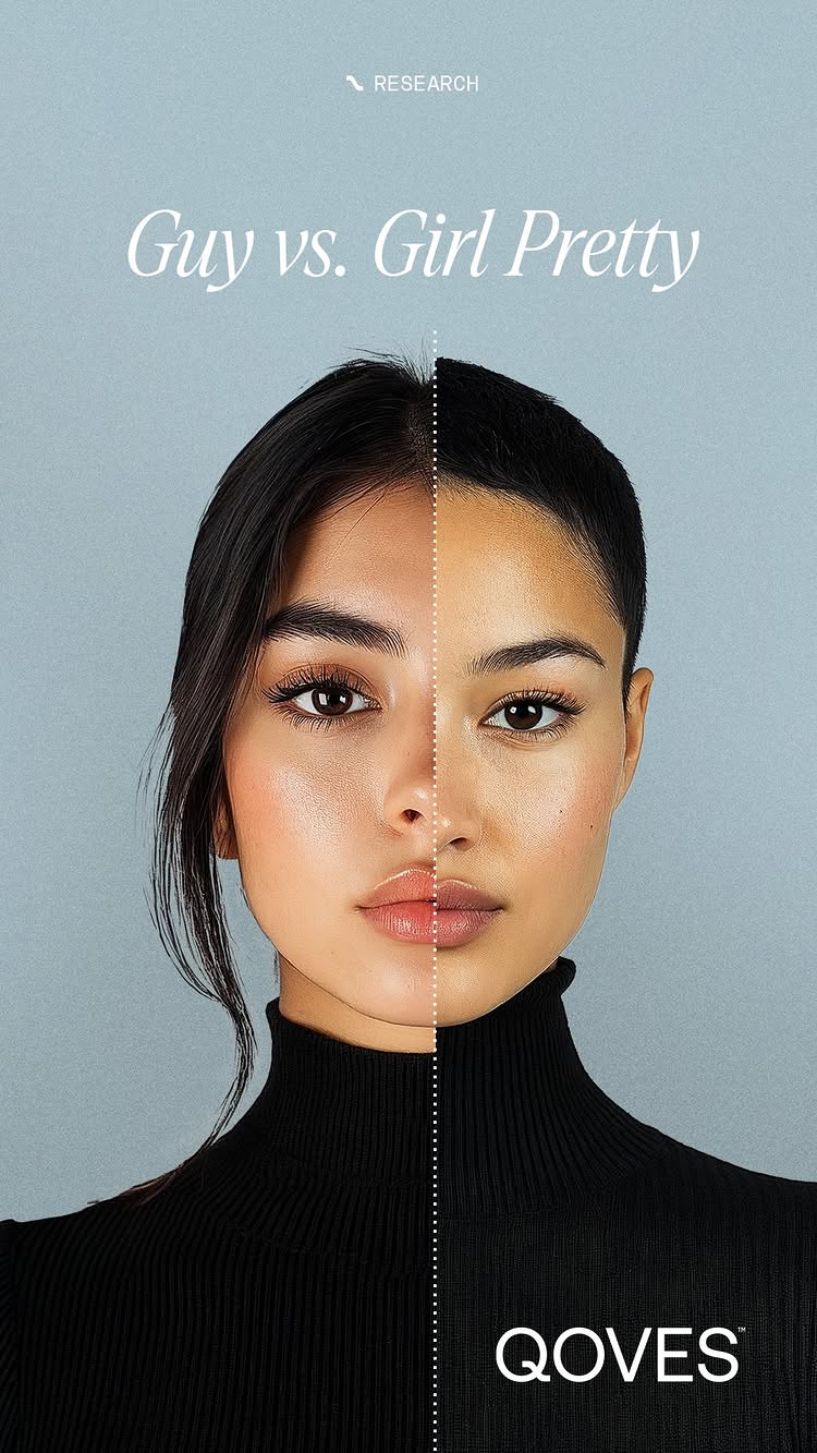 A split-face composition, showcasing two different women, each forming half of their faces to meet at a center vertical line. One side appears to be a natural look, and the other is styled to look like a makeup look. The background is a soft, muted blue. White text overlays the image at the top, stating 'Guy vs. Girl Pretty', with additional text at the bottom, 'QOVES'. The women wear black turtlenecks.